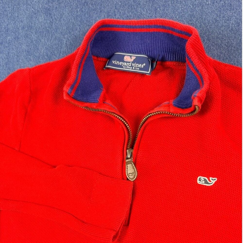Vineyard Vines Boys L Red 1/4 Zip Cotton Sweater Whale Logo Preppy